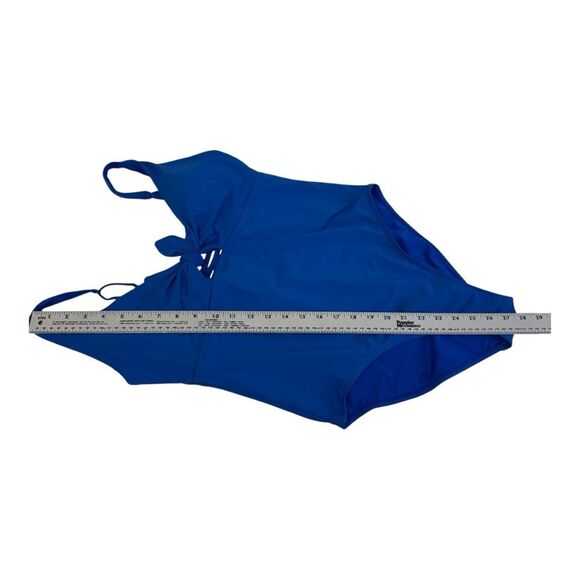 BCBGMAXAZRIA Women's Blue One Piece Swimsuit V Neck Tie Front Cutout Sz L - Picture 9 of 9